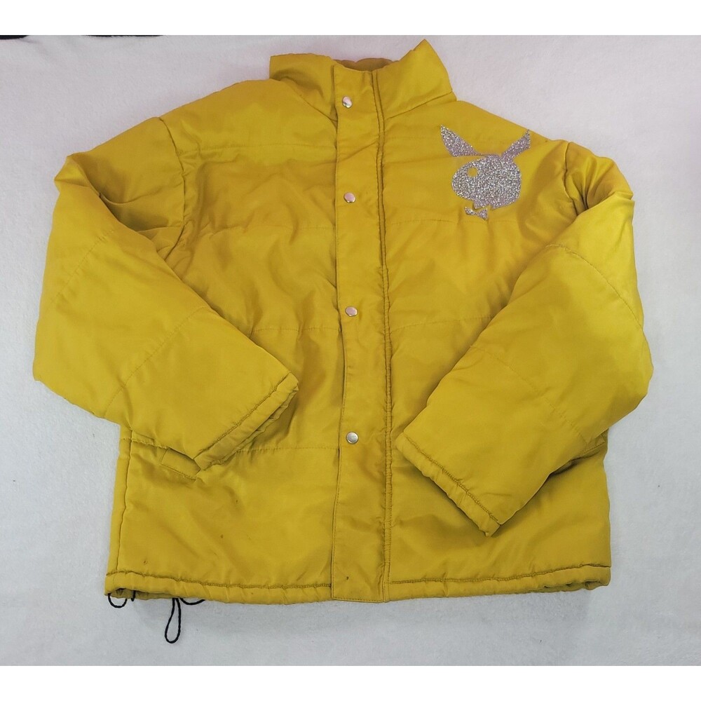 Sparkly Glitter ​Yellow Playboy Puffer Jacket Glitter Logos Retro Size Medium